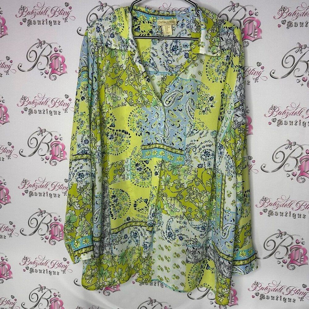 Cynthia rowley shirt long sleeve paisley boho flowerGreen and Blue Floral Blouse